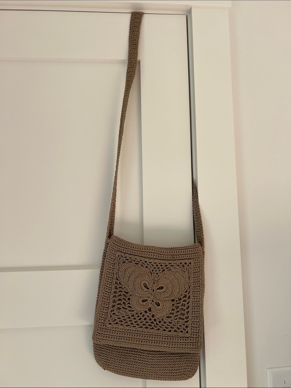 Crochet Crossbody Fully lined Camel Bag with Floral Motif Khaki/Tan/Light Brown